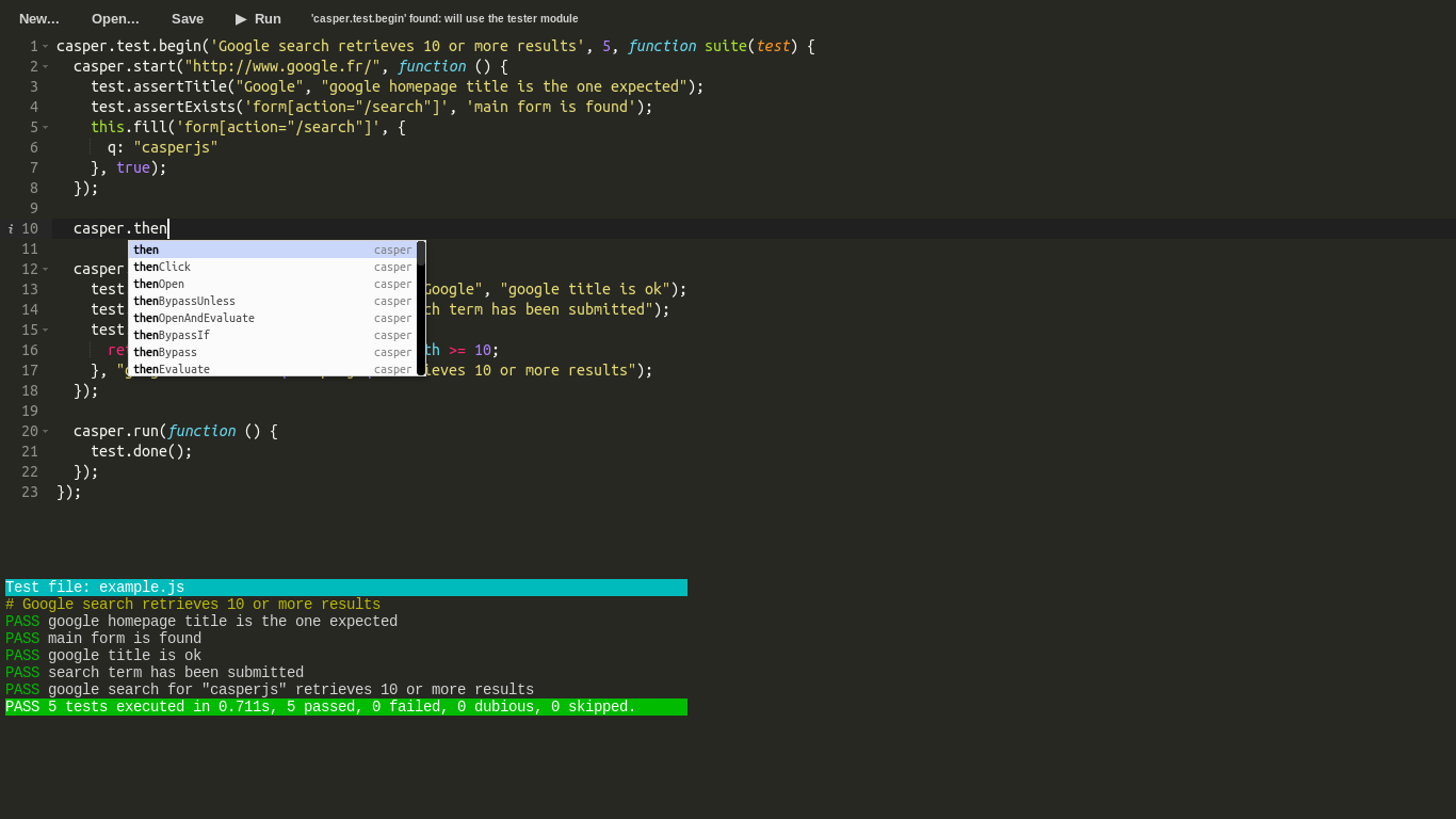 CasperJS IDE screenshot